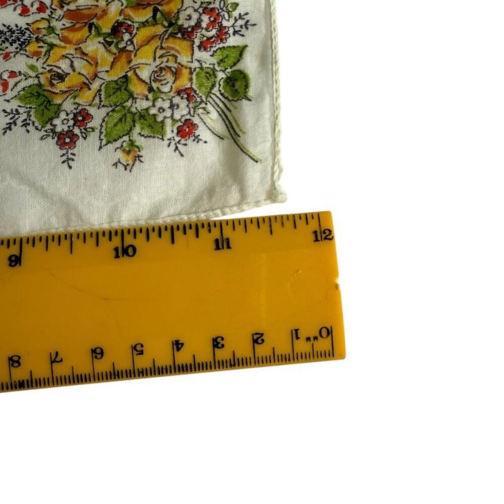 Vintage Womens Floral Handkerchief Yellow Roses  Delicate Green Accents Cotton B - Picture 10 of 10